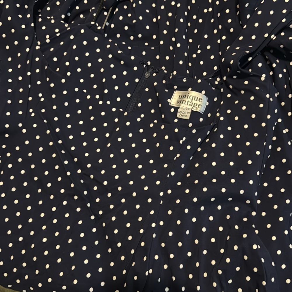 Navy Polka Dot Unique Vintage midi dress Pinafore XL/14 - Picture 3 of 4